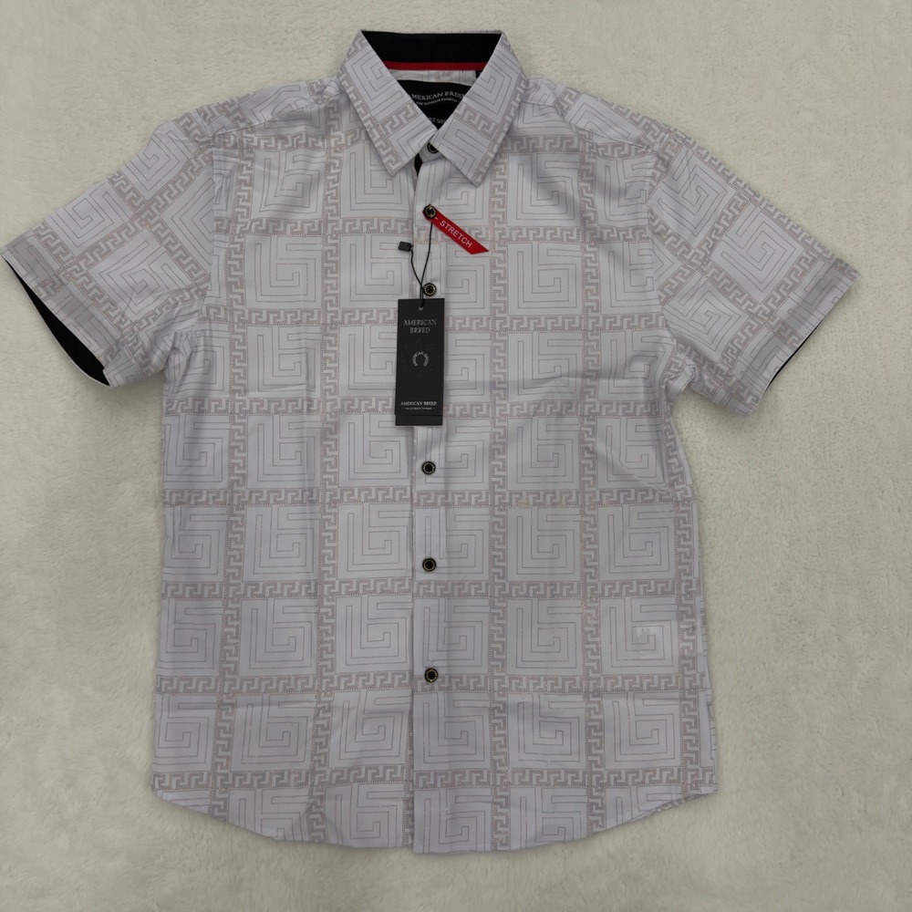 American Breed Mens Smart Shirt White Rose Gold Greek Key Short Sleeve Small NWT